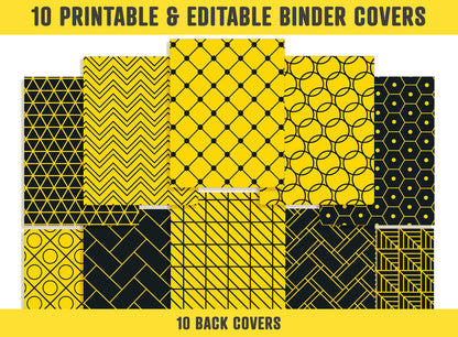Yellow and Black Binder Cover, 10 Printable & Editable Binder Covers + Spines, Binder Inserts, Teacher/School Planner Template