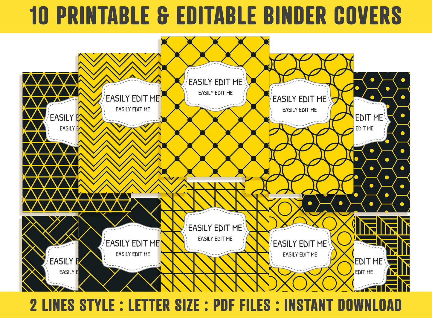 Yellow and Black Binder Cover, 10 Printable & Editable Binder Covers + Spines, Binder Inserts, Teacher/School Planner Template