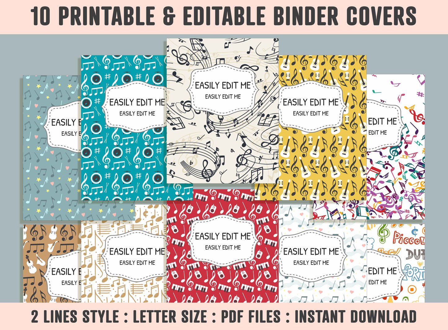 Musical Notes Binder Cover, 10 Printable/Editable Covers+Spines, Teacher/School Binder Template, Music Planner Cover, Note Planner Insert