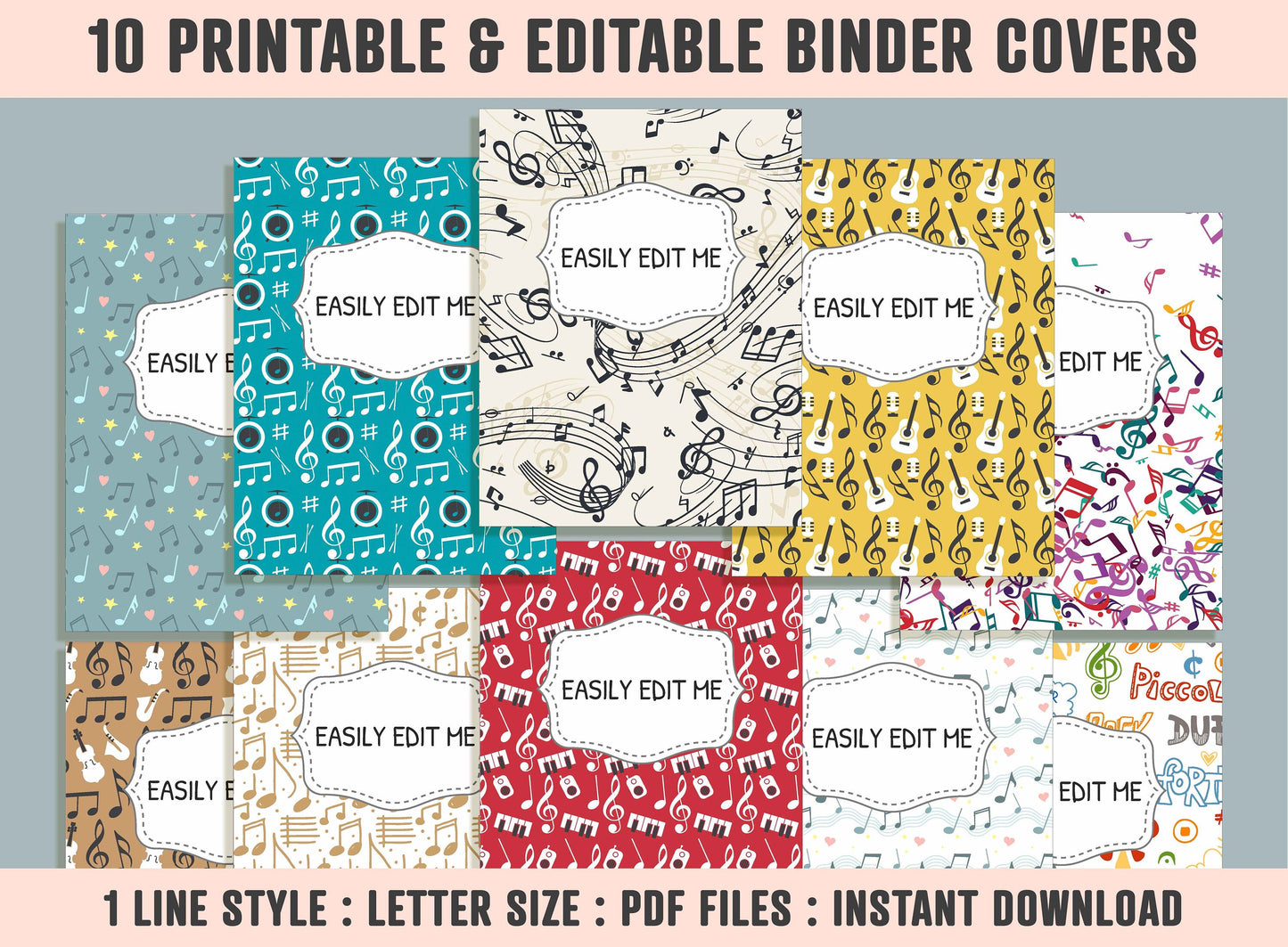 Musical Notes Binder Cover, 10 Printable/Editable Covers+Spines, Teacher/School Binder Template, Music Planner Cover, Note Planner Insert