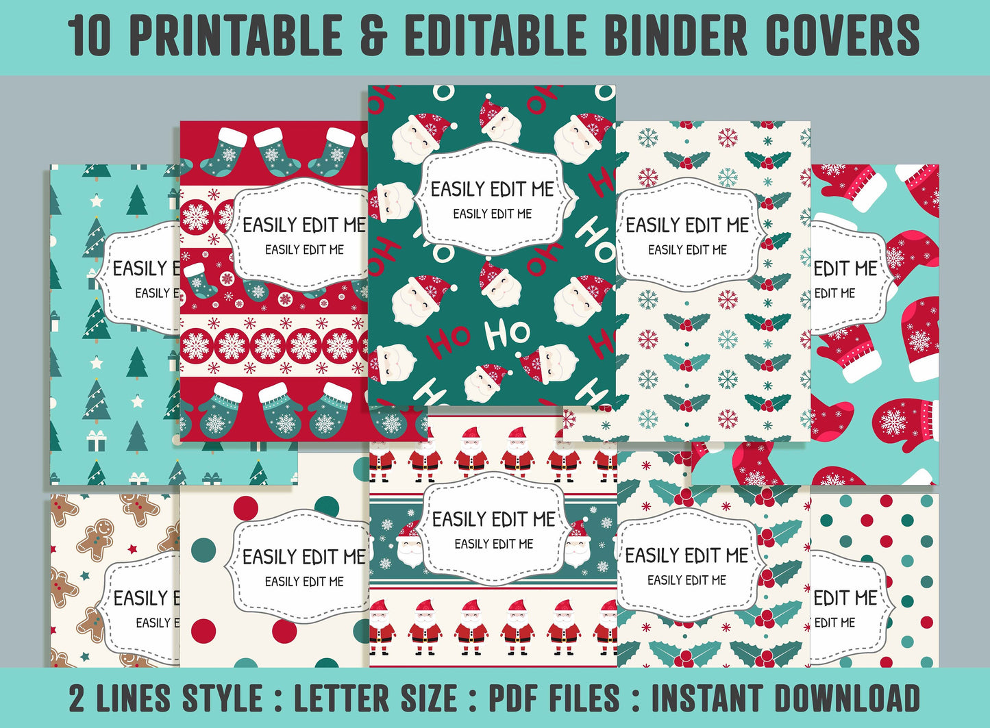 Christmas Pattern Binder Cover, 10 Printable & Editable Binder Covers + Spines, Binder Inserts, Teacher/School Planner Template
