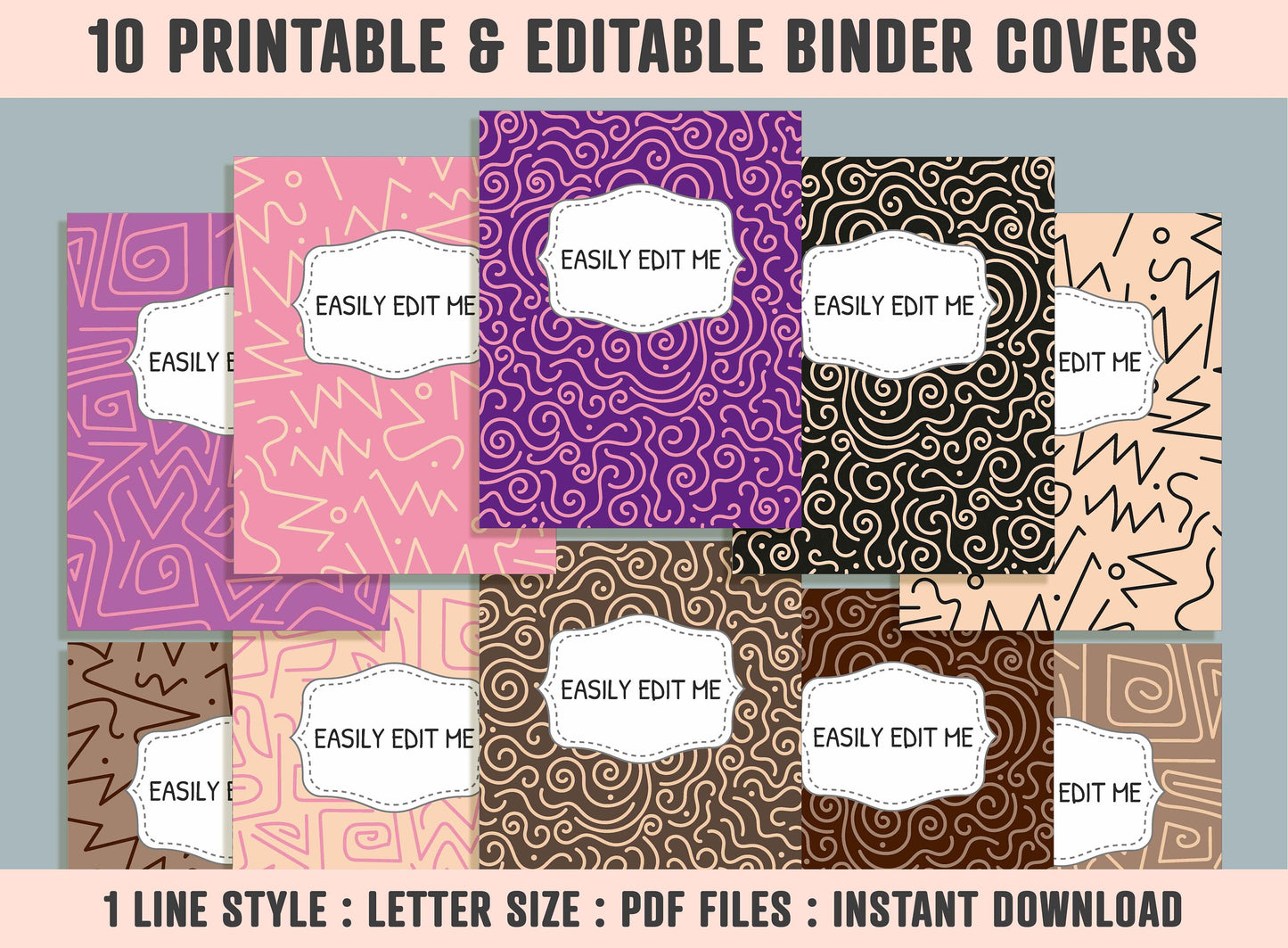 Swatches Memphis Lines Patterns Binder Cover, 10 Printable & Editable Covers + Spines, Binder Insert, Planner Labels, Teacher/School Binder