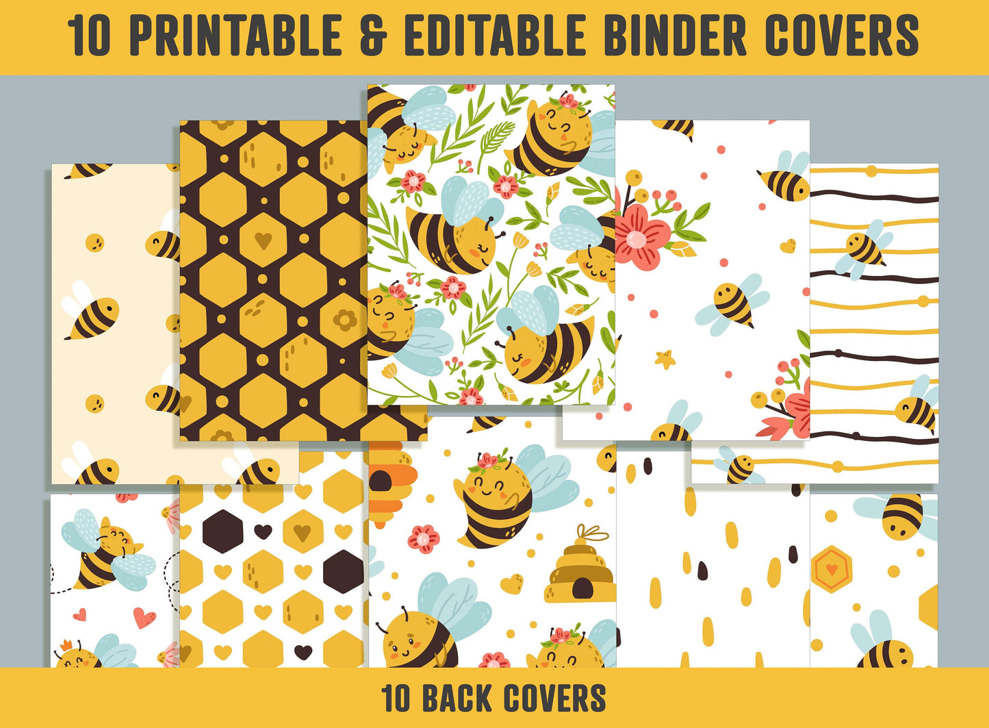 Honey Bee Binder Cover, 10 Printable & Editable Binder Covers + Spines, Bee Planner Covers, Teacher/School Binder Labels, Folder Inserts