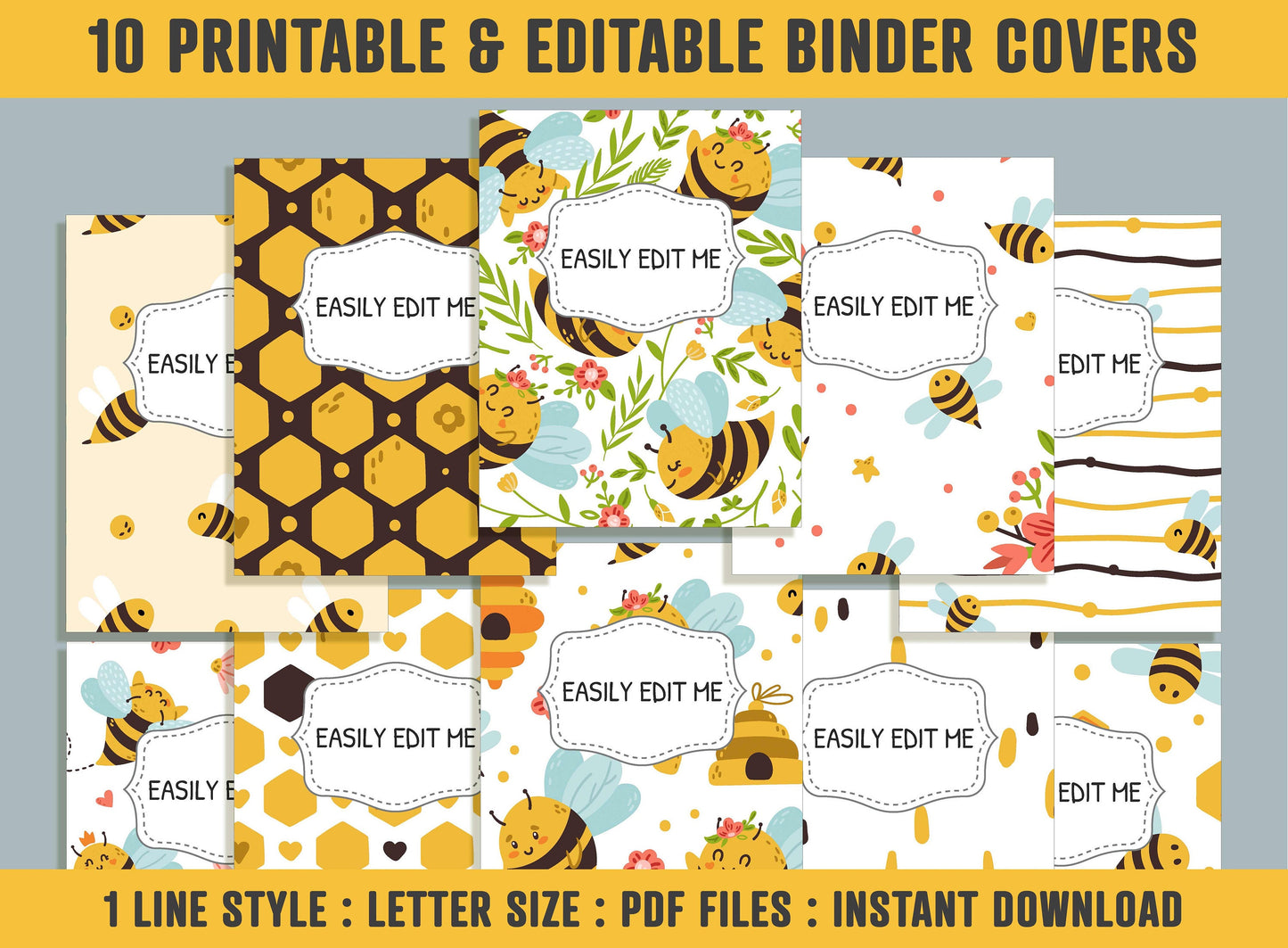 Honey Bee Binder Cover, 10 Printable & Editable Binder Covers + Spines, Bee Planner Covers, Teacher/School Binder Labels, Folder Inserts