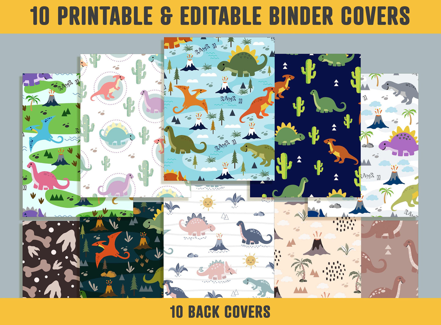 Cute Dinosaur Family Binder Cover, 10 Printable & Editable Binder Covers + Spines, Binder Inserts, Teacher/School Planner Cover Template