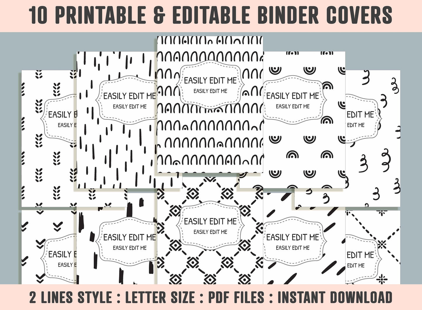 Black and White Abstract Shapes Binder Cover, 10 Printable/Editable Binder Covers+Spines, Teacher/School Binder Label, Planner/Folder Insert