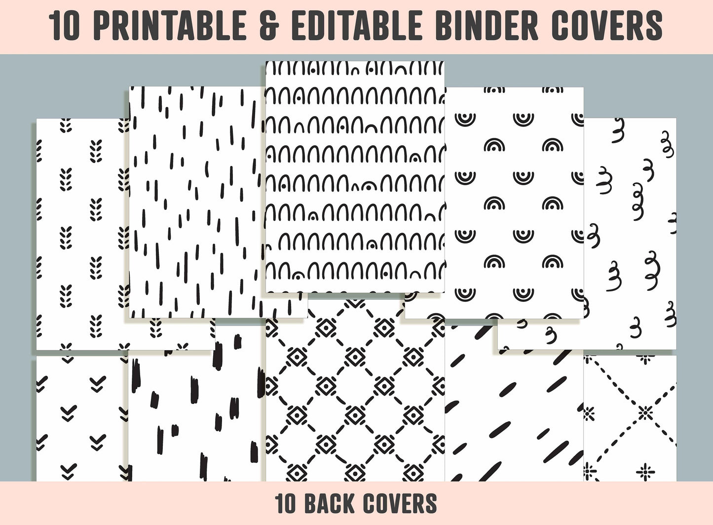 Black and White Abstract Shapes Binder Cover, 10 Printable/Editable Binder Covers+Spines, Teacher/School Binder Label, Planner/Folder Insert