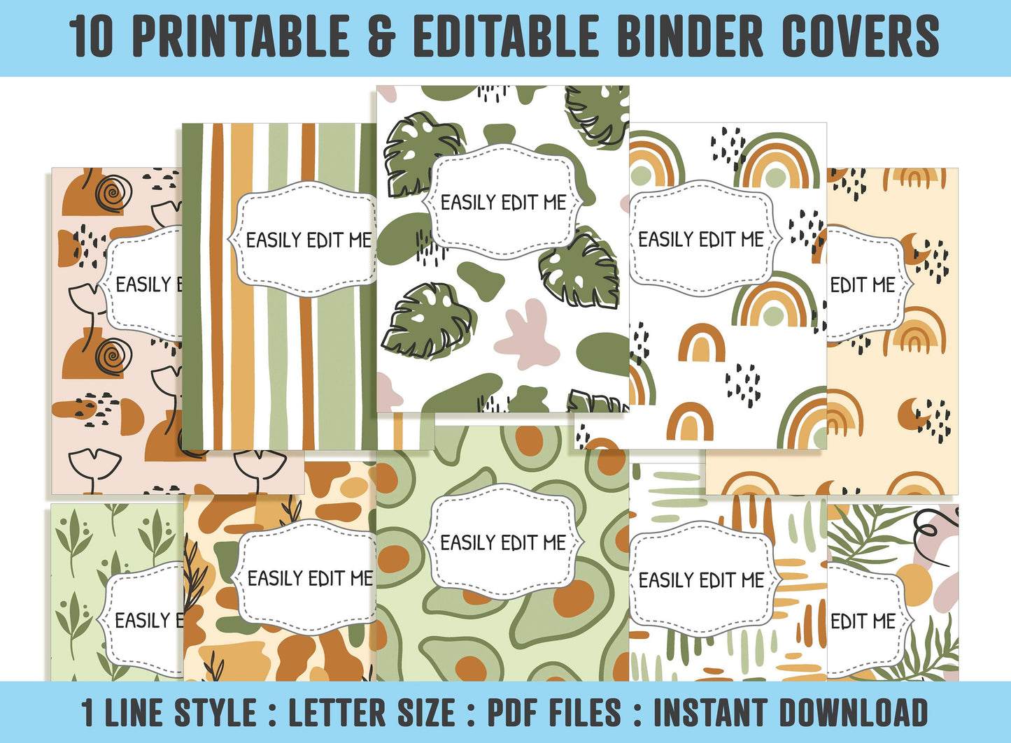 Mixed Abstract Shapes Binder Cover, 10 Printable & Editable Binder Covers+Spines, Teacher/School Binder Labels, Planner/Folder Inserts
