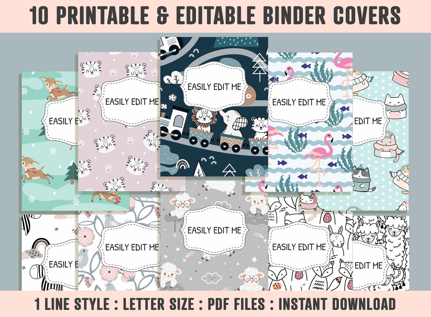 Cute Animal Binder Cover, 10 Printable & Editable Binder Covers + Spines, Binder Inserts, Teacher/School Planner Cover Template