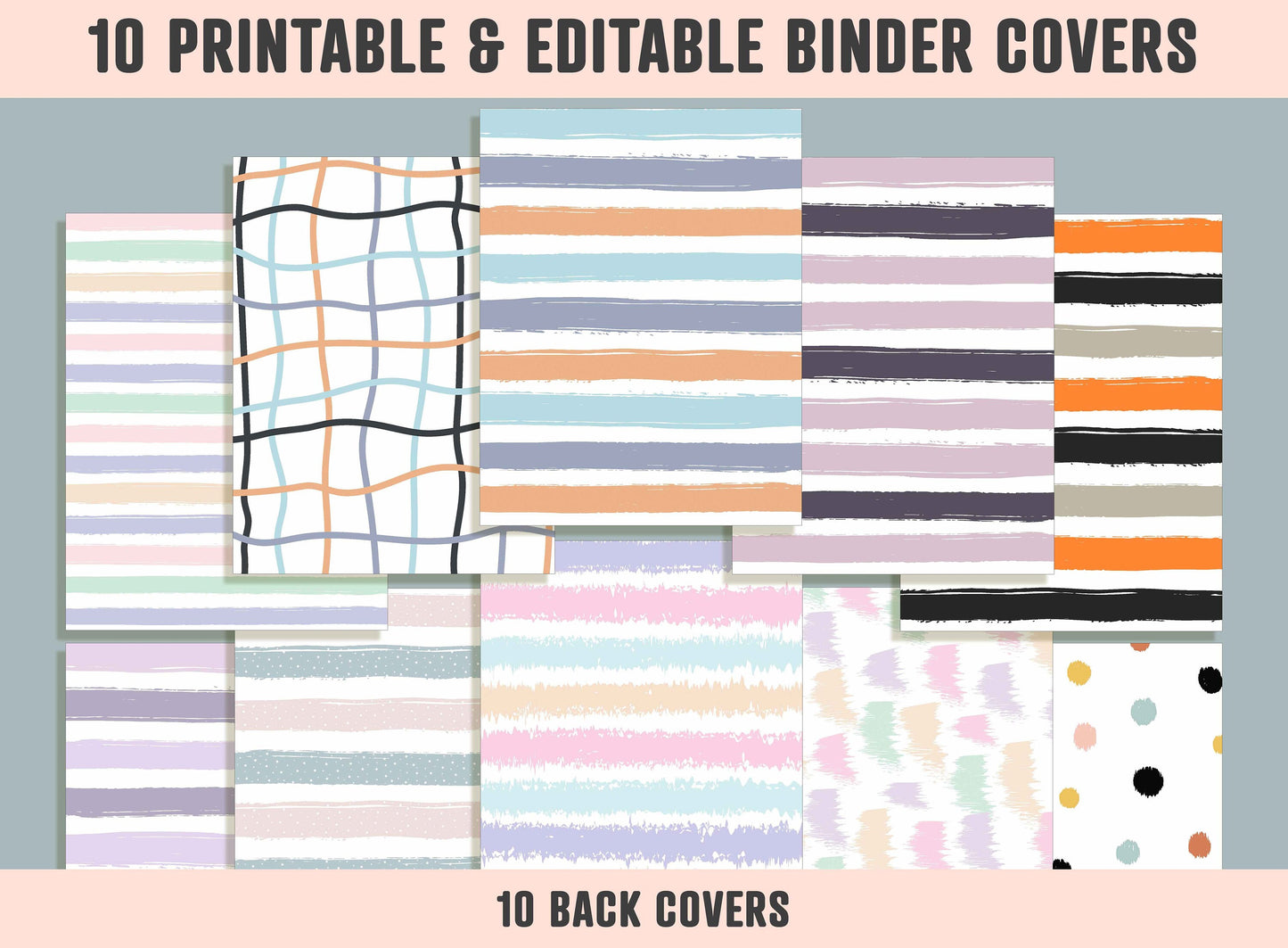 Hand Drawn Striped Pattern Binder Cover, 10 Printable & Editable Binder Covers+Spines, Binder Inserts, Teacher/School Planner Cover Template