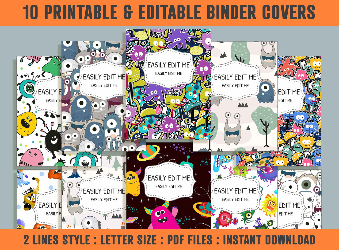 Monster Binder Cover, 10 Printable & Editable Binder Covers + Spines, Binder Inserts, Teacher/School Planner Cover Template