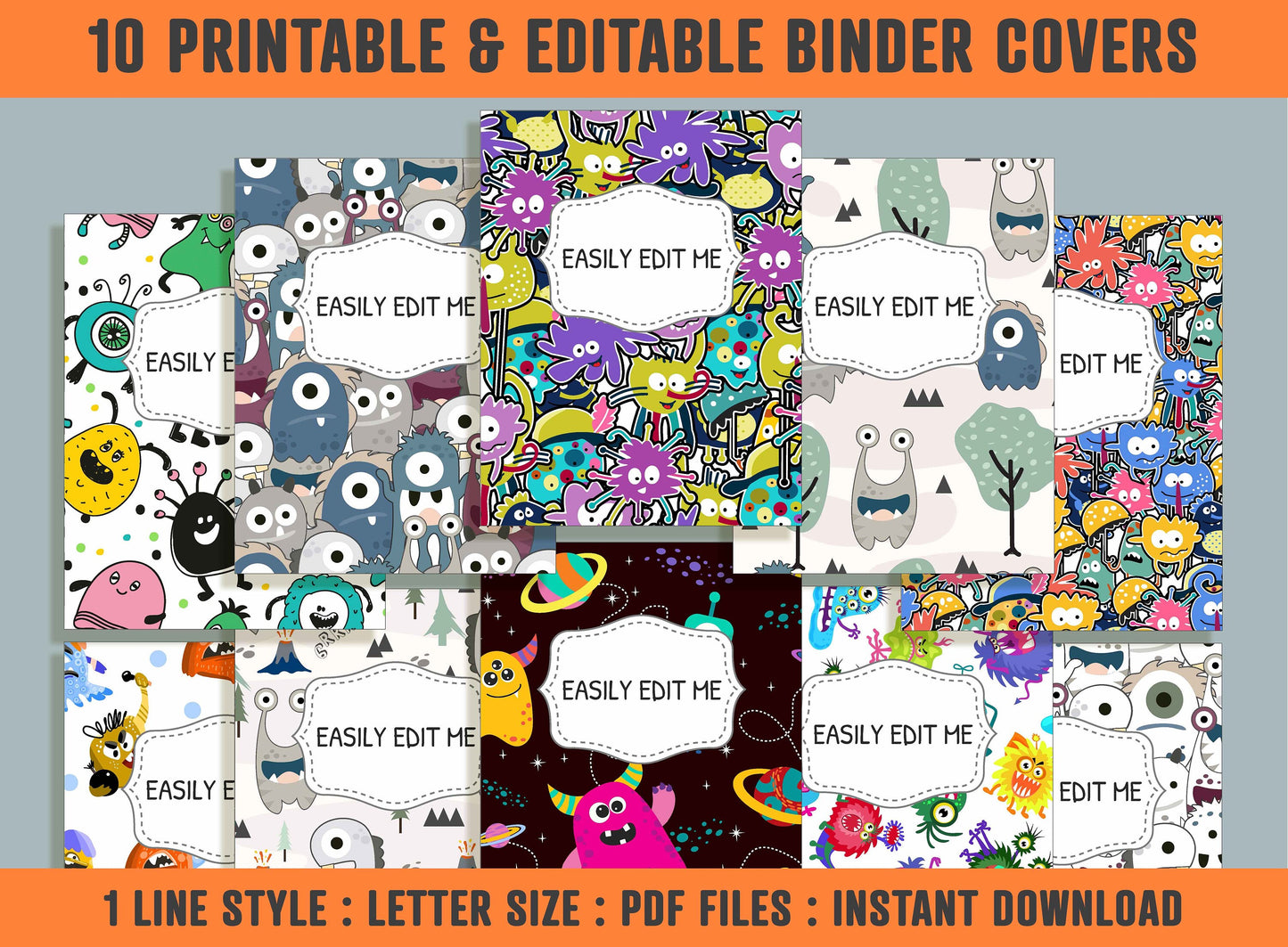 Monster Binder Cover, 10 Printable & Editable Binder Covers + Spines, Binder Inserts, Teacher/School Planner Cover Template