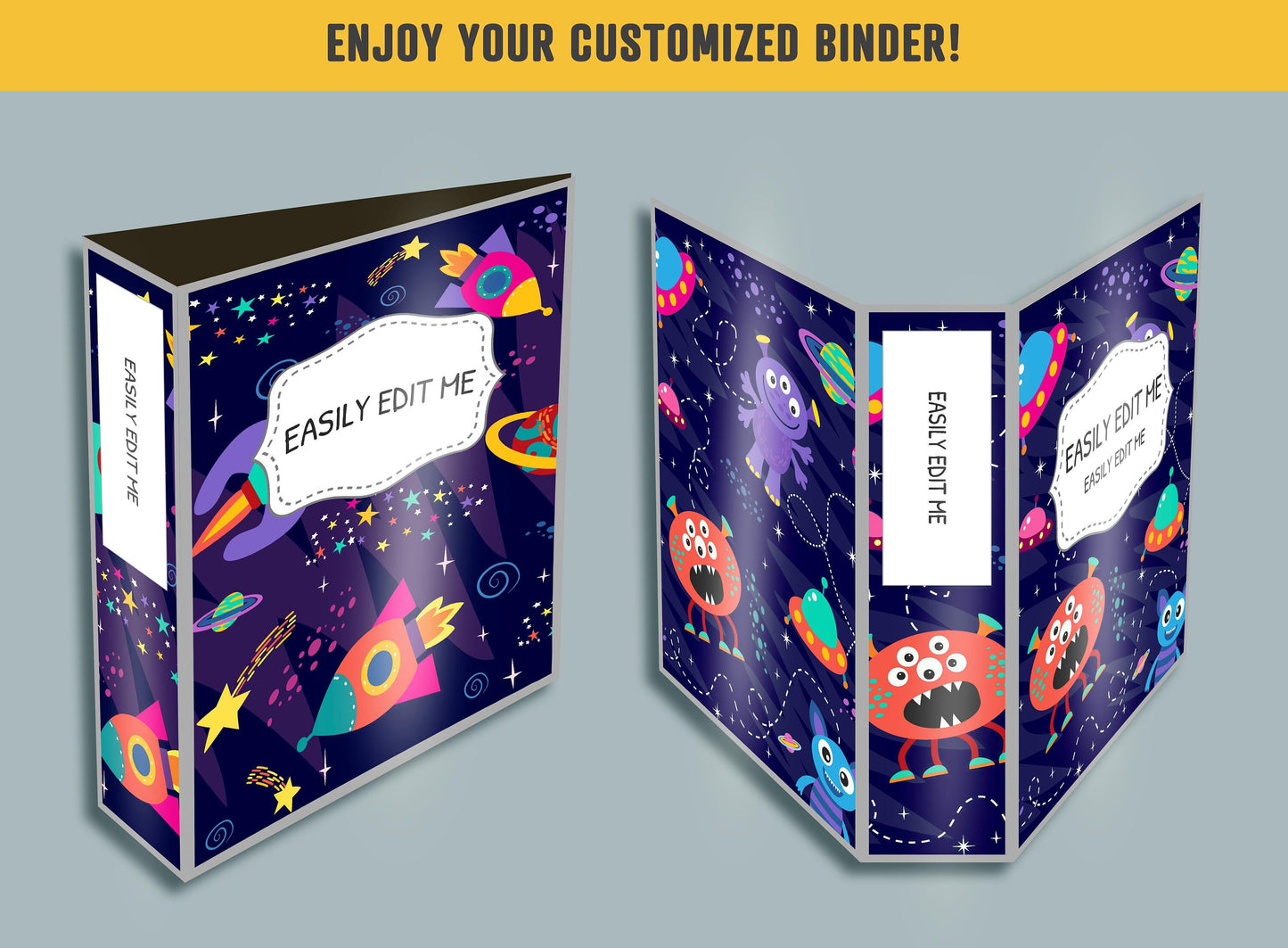 Space, Planets, Rockets, Aliens Binder Cover, 10 Printable & Editable Binder Covers+Spines, Binder Inserts, Teacher/School Planner Template