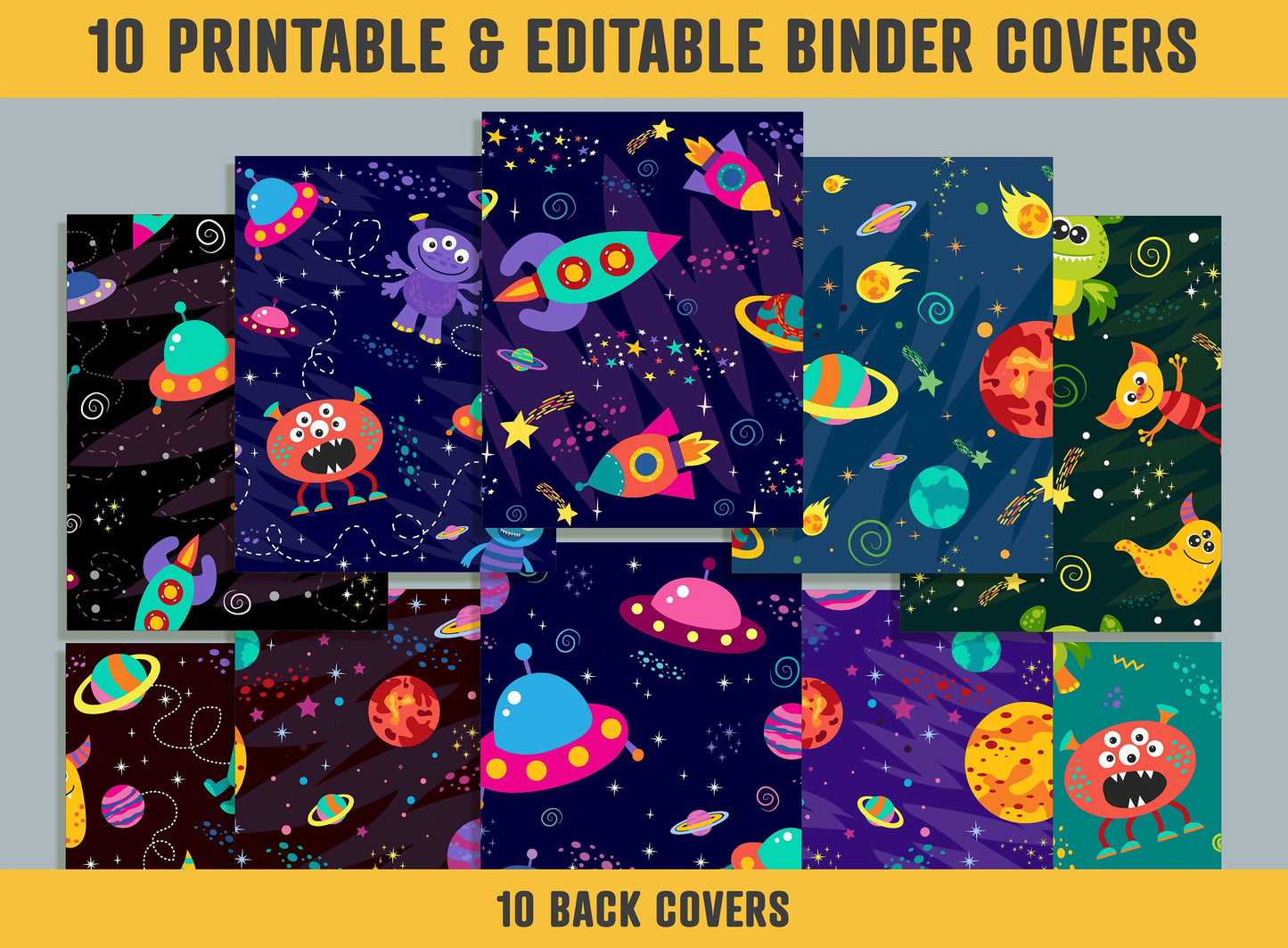 Space, Planets, Rockets, Aliens Binder Cover, 10 Printable & Editable Binder Covers+Spines, Binder Inserts, Teacher/School Planner Template