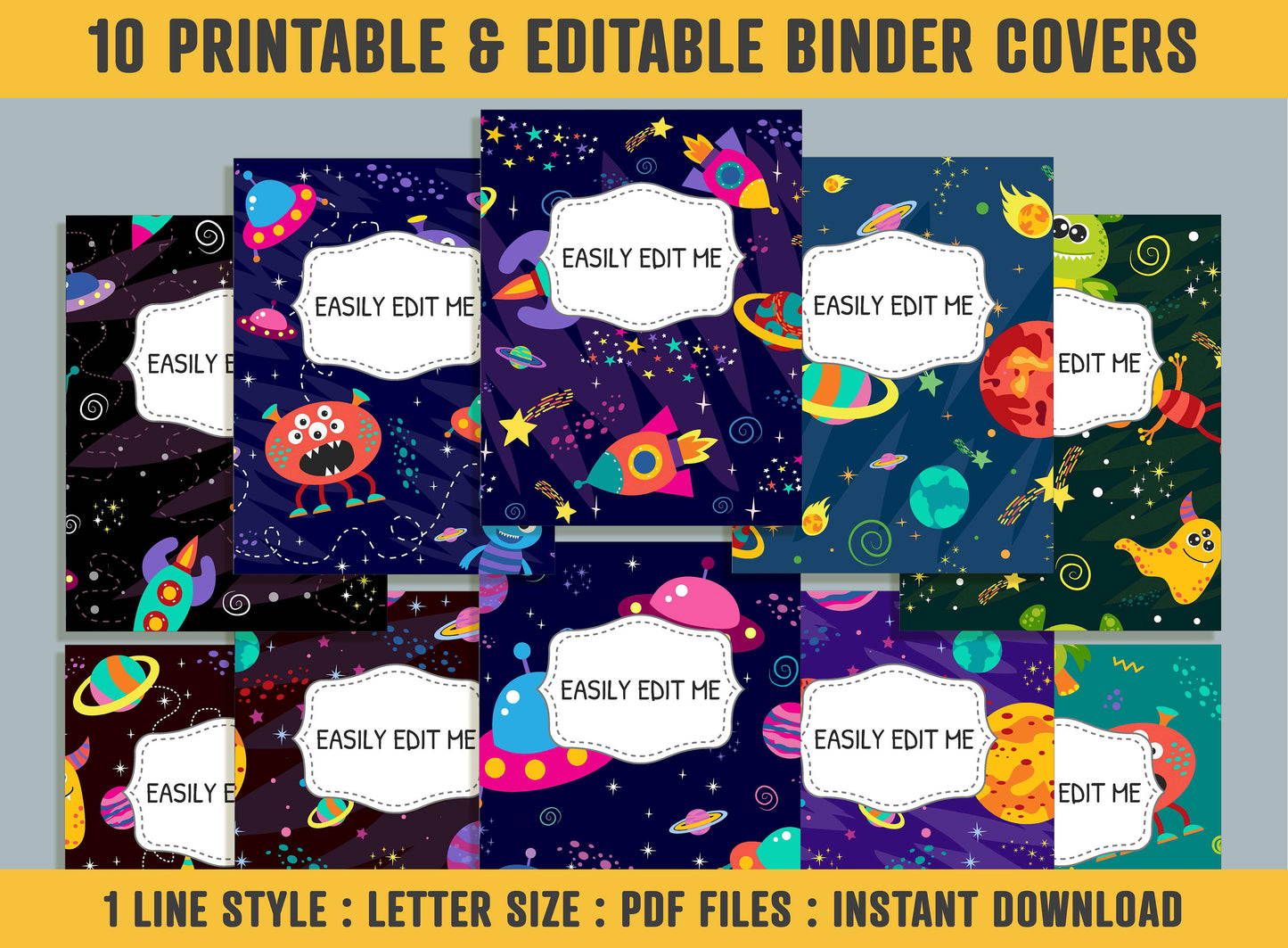 Space, Planets, Rockets, Aliens Binder Cover, 10 Printable & Editable Binder Covers+Spines, Binder Inserts, Teacher/School Planner Template