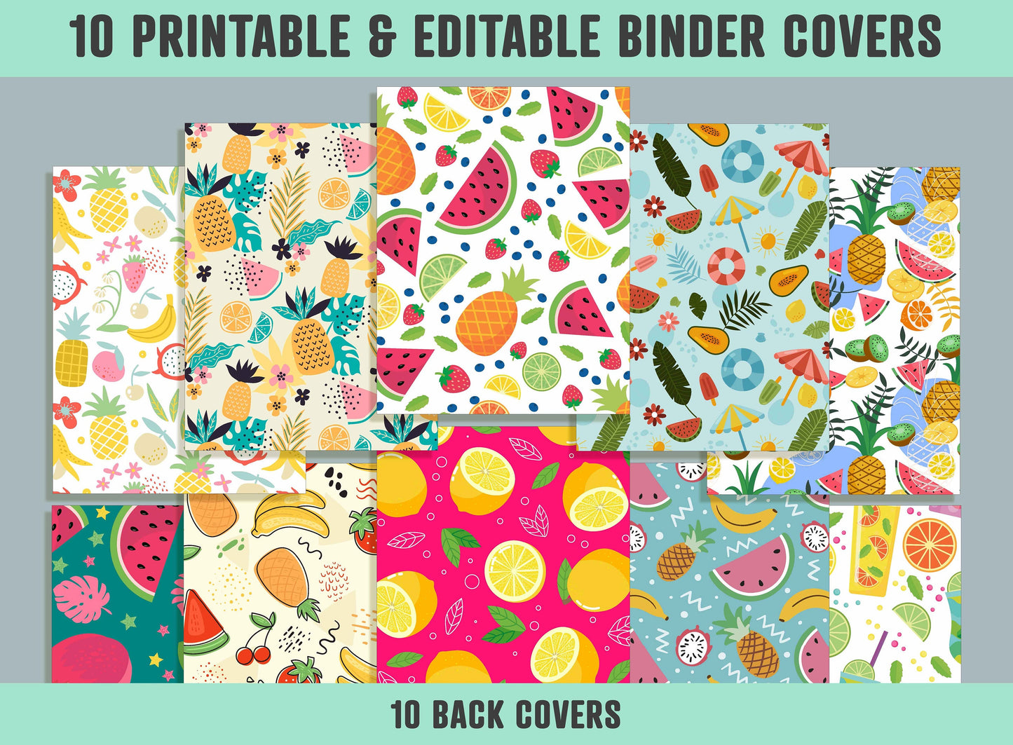Summer Fruits and Berries Binder Cover, 10 Printable & Editable Covers+Spines, Teacher/School Binder, Planner Cover Template, Binder Inserts