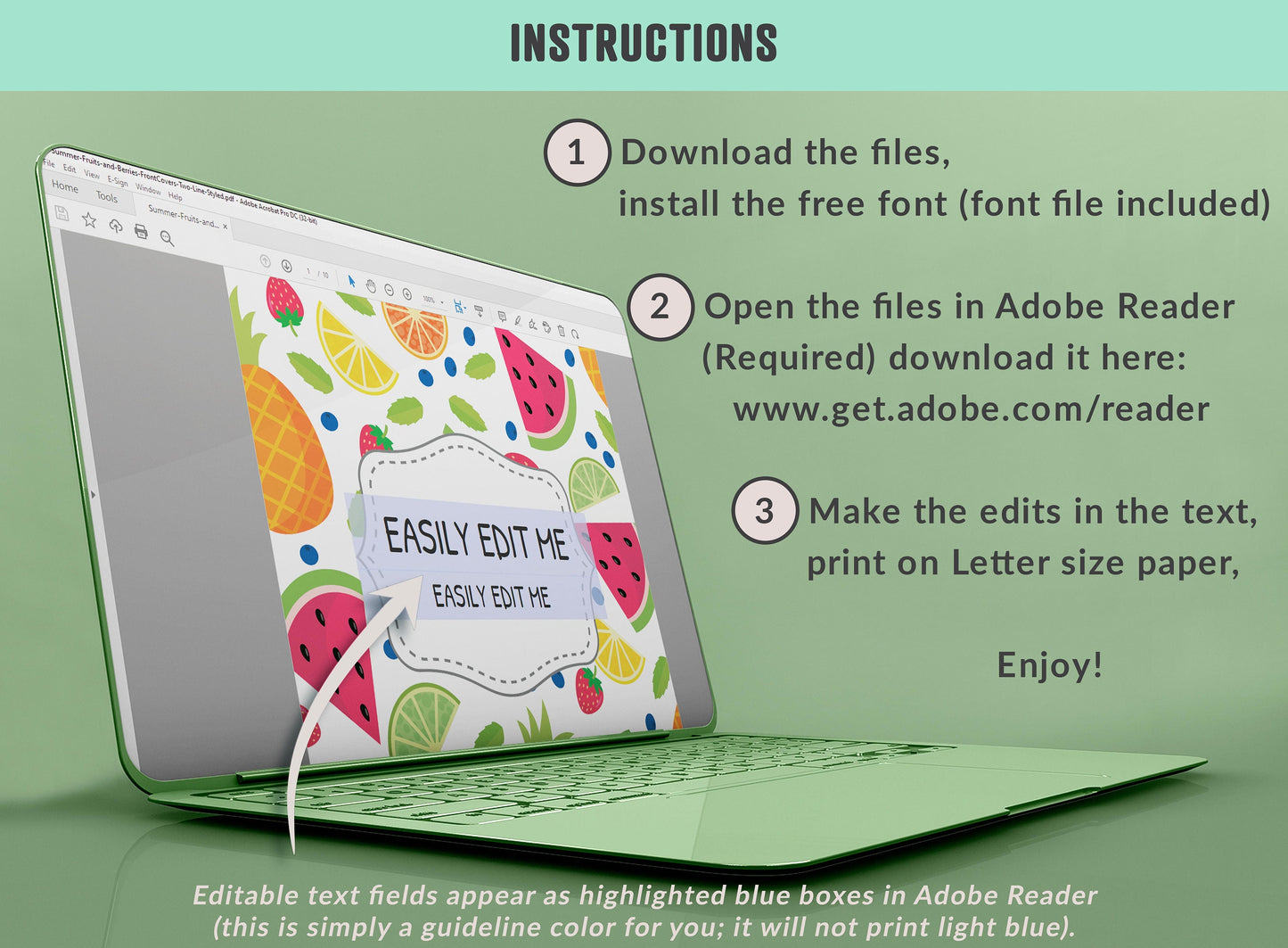 Summer Fruits and Berries Binder Cover, 10 Printable & Editable Covers+Spines, Teacher/School Binder, Planner Cover Template, Binder Inserts