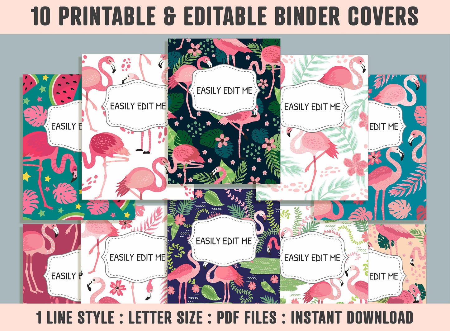 Flamingos in Different Poses Binder Cover, 10 Printable & Editable Covers + Spines, Teacher/School Binder Labels, Inserts, Planner Template