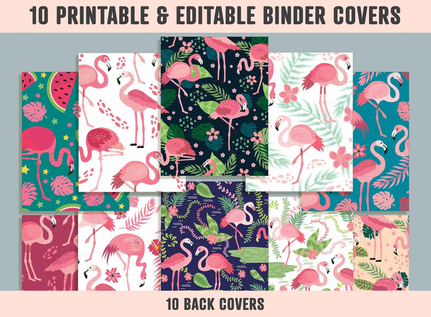 Flamingos in Different Poses Binder Cover, 10 Printable & Editable Covers + Spines, Teacher/School Binder Labels, Inserts, Planner Template