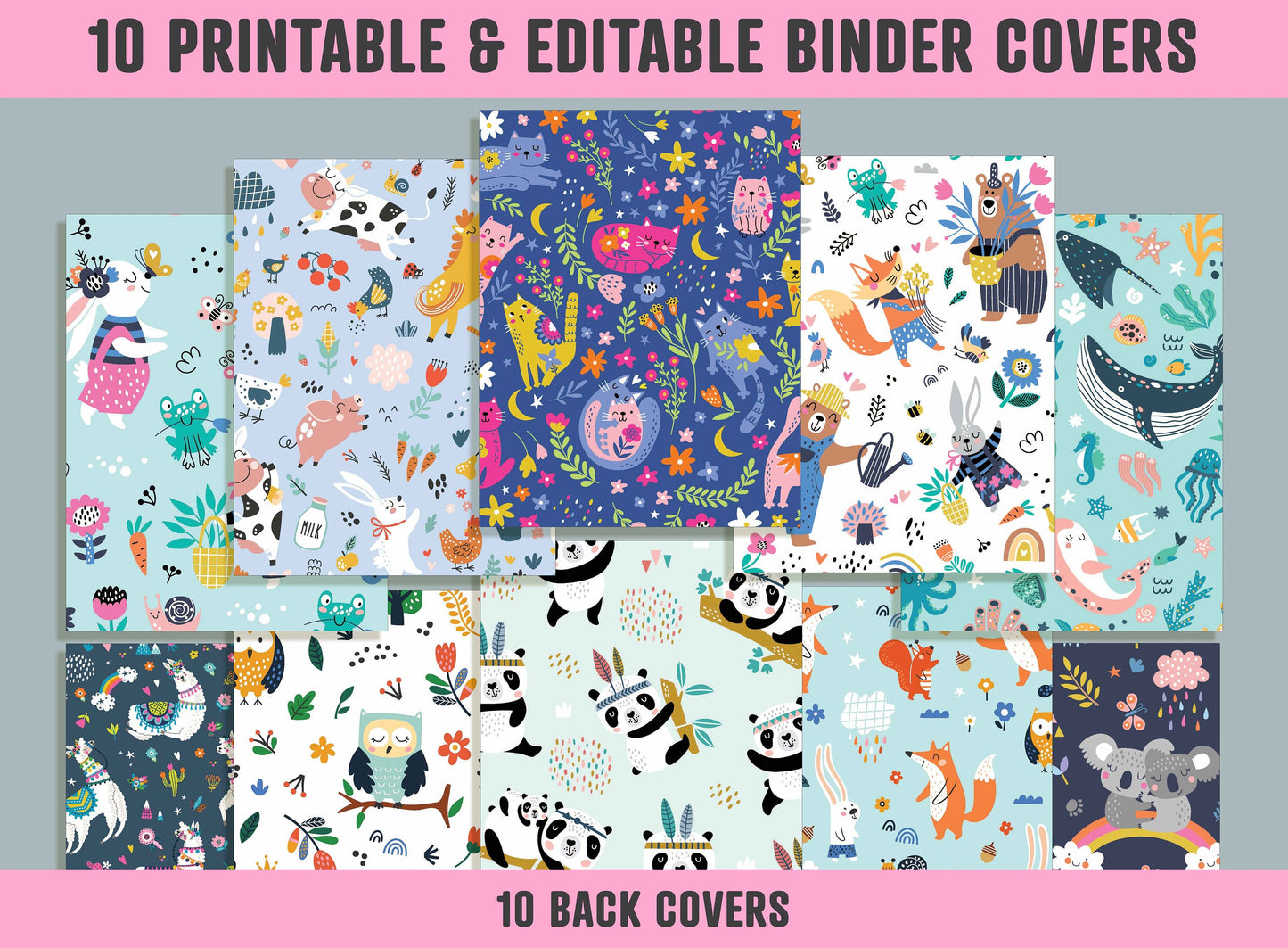 Cute Funny Animals Binder Cover, 10 Printable & Editable Binder Covers + Spines, Teacher/School Binder Labels, Planner/Folder Inserts
