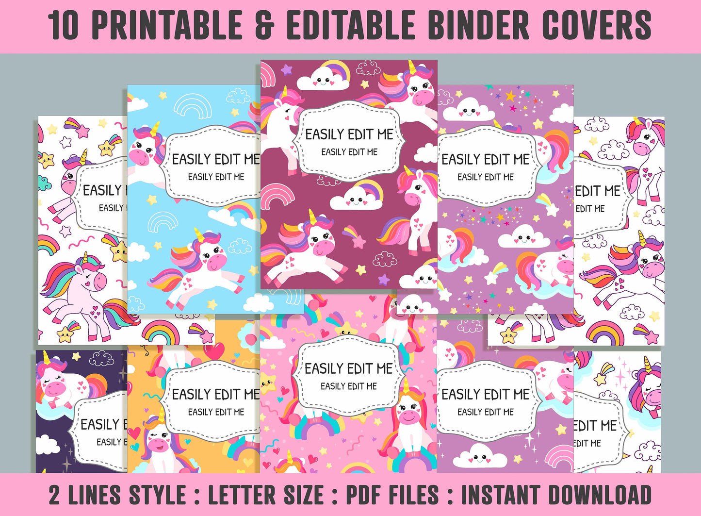 Colorful Unicorn Binder Cover, 10 Printable & Editable Covers + Spines, Teacher/School Binder Labels, Folder Inserts, Planner Template