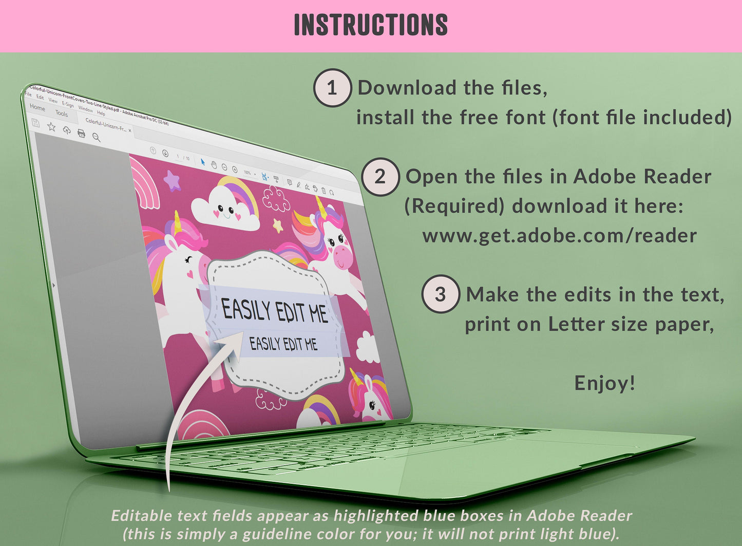 Colorful Unicorn Binder Cover, 10 Printable & Editable Covers + Spines, Teacher/School Binder Labels, Folder Inserts, Planner Template