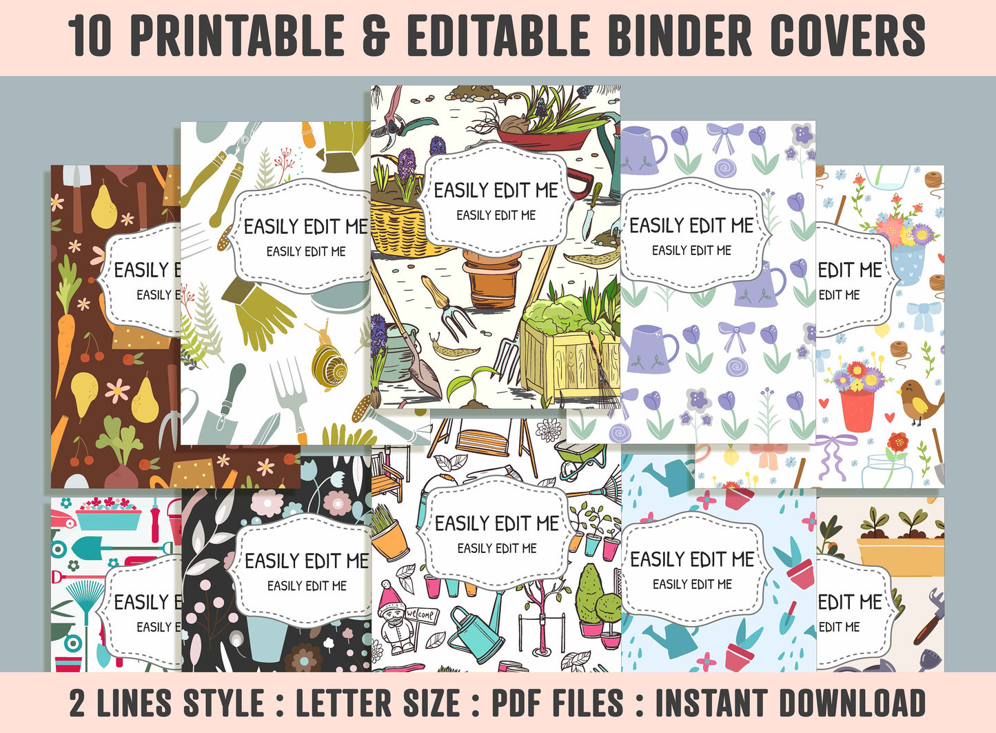 Gardening Binder Cover, 10 Printable & Editable Binder Covers+Spines, Planting Planner Template, Teacher/School Binder Labels/Inserts
