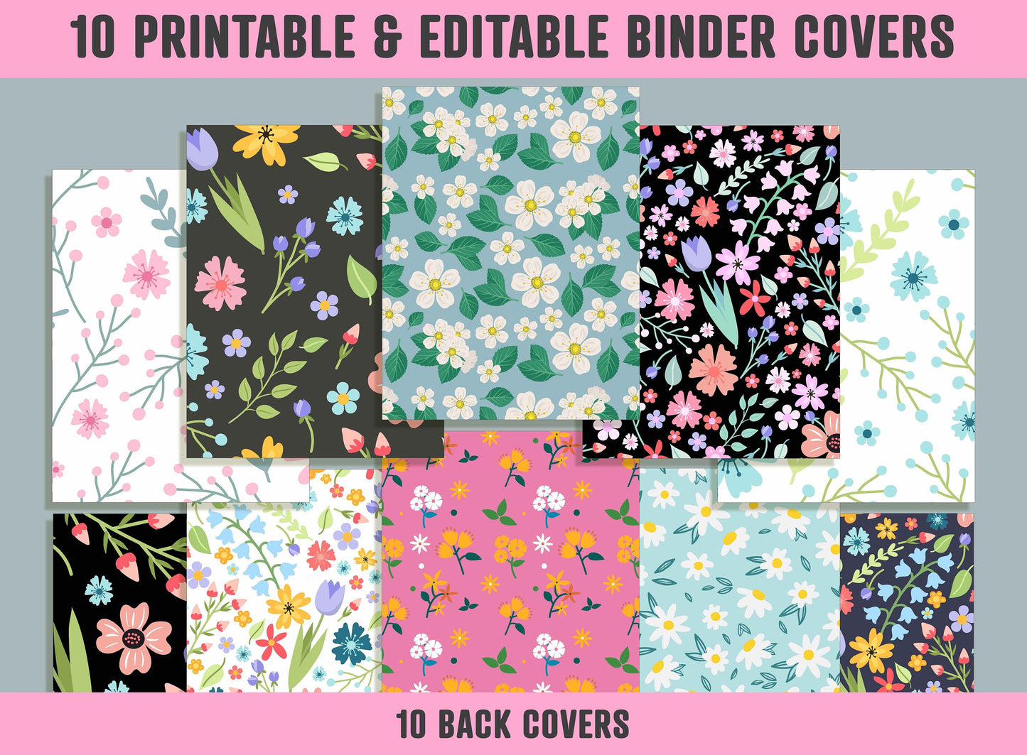 Flowers and Leaves Binder Cover, 10 Printable & Editable Covers+Spines, Binder Cover, Teacher/School Binder, Planner Template, Binder Insert