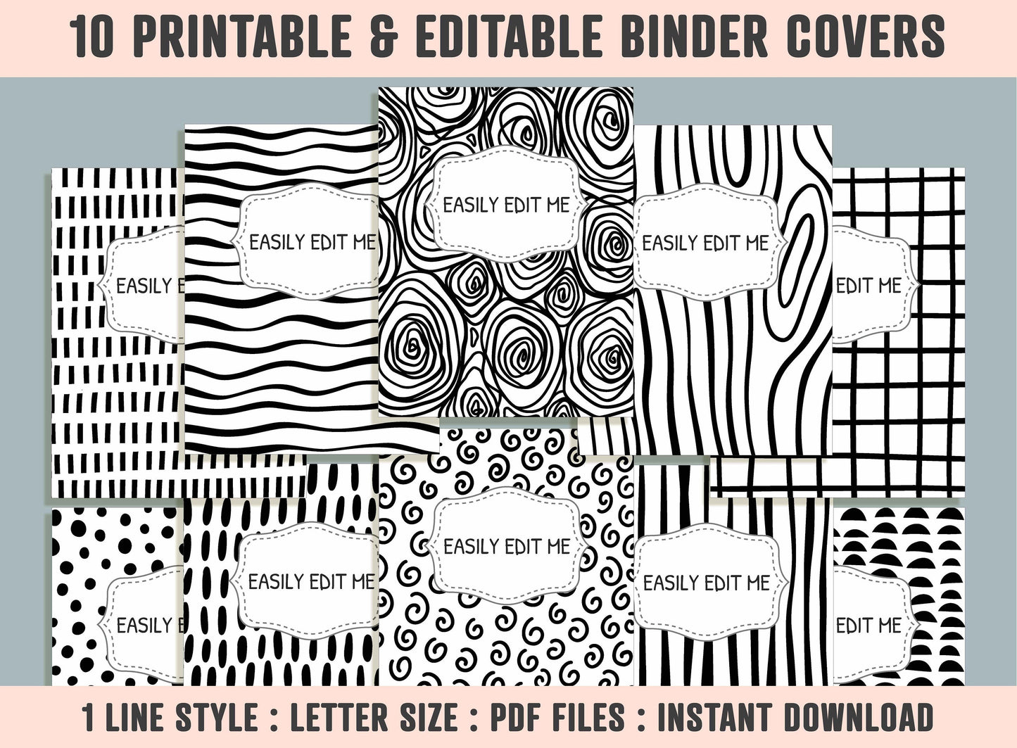 Abstract Vector Binder Cover, 10 Printable/Editable Binder Covers+Spines, Black & White Planner Template, Teacher/School Binder Label/Insert