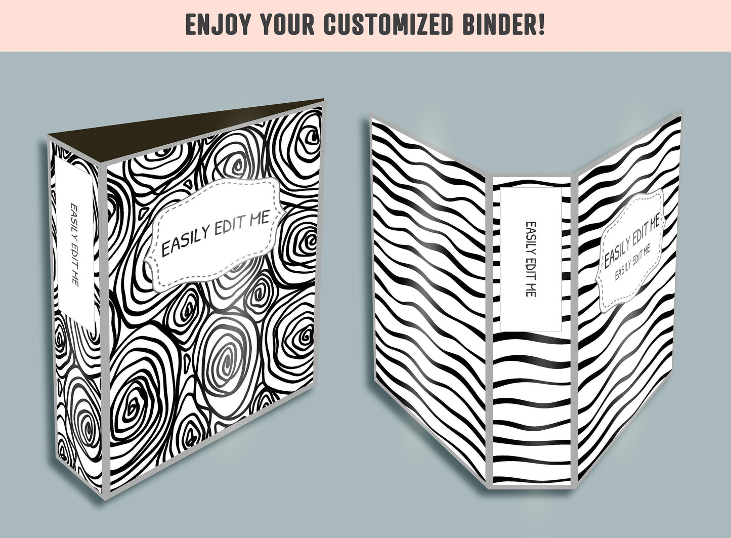 Abstract Vector Binder Cover, 10 Printable/Editable Binder Covers+Spines, Black & White Planner Template, Teacher/School Binder Label/Insert
