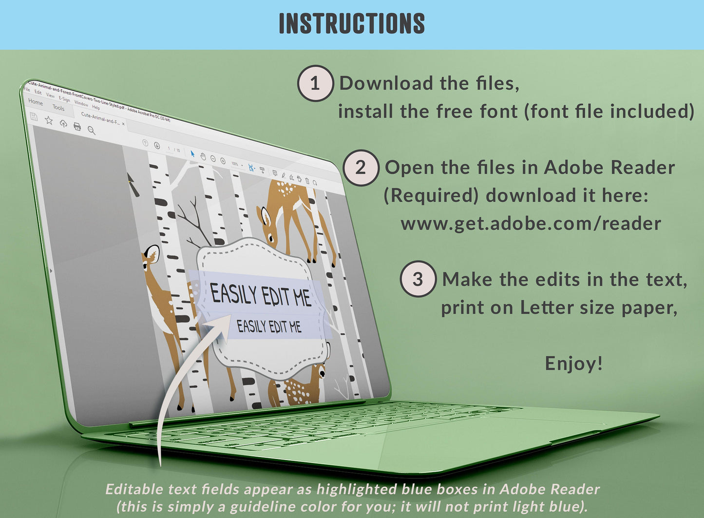 Cute Animal and Forest Binder Cover, 10 Printable & Editable Binder Covers + Spines, Teacher/School Planner Template, Binder Inserts/Labels