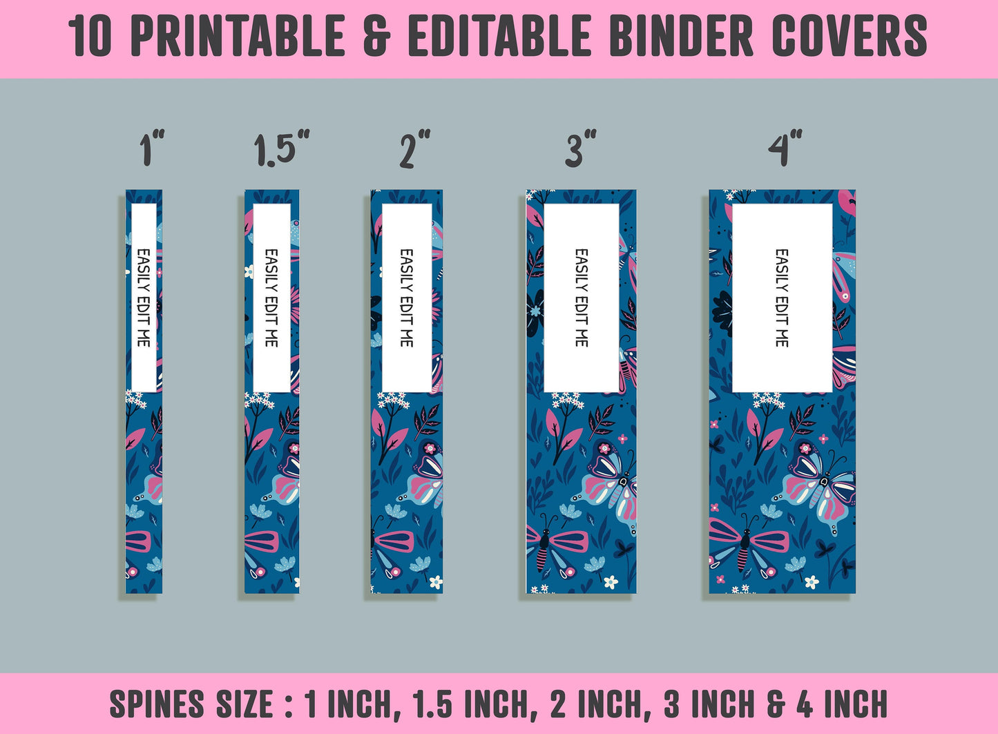 Butterflies Binder Cover, 10 Printable/Editable Binder Covers+Spines, Butterfly/Flower Planner Template, Teacher/School Binder Label/Insert
