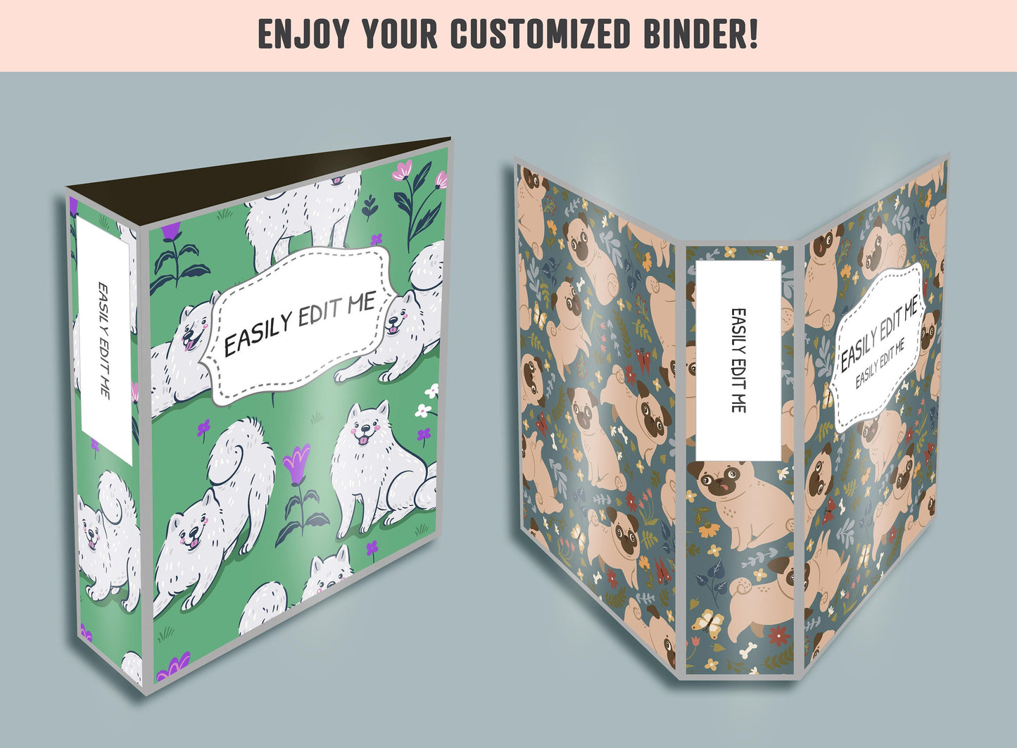Dogs and Flowers Binder Cover, 10 Printable/Editable Binder Covers + Spines, Puppy Planner Template, Teacher/School Binder Labels/Inserts
