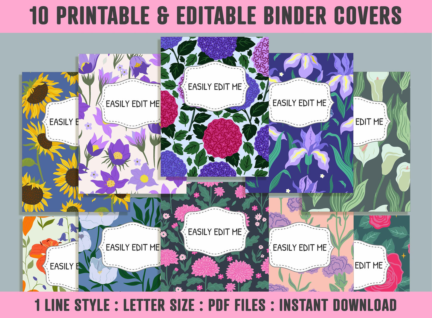 Blooming Flowers Binder Cover, 10 Printable/Editable Binder Covers + Spines, Floral Planner Template, Teacher/School Binder Labels/Inserts