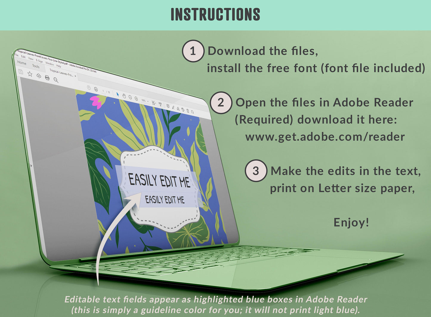 Tropical Leaves Binder Cover, 10 Printable/Editable Binder Covers + Spines, Leaf Planner Template, Teacher/School Binder Labels/Inserts