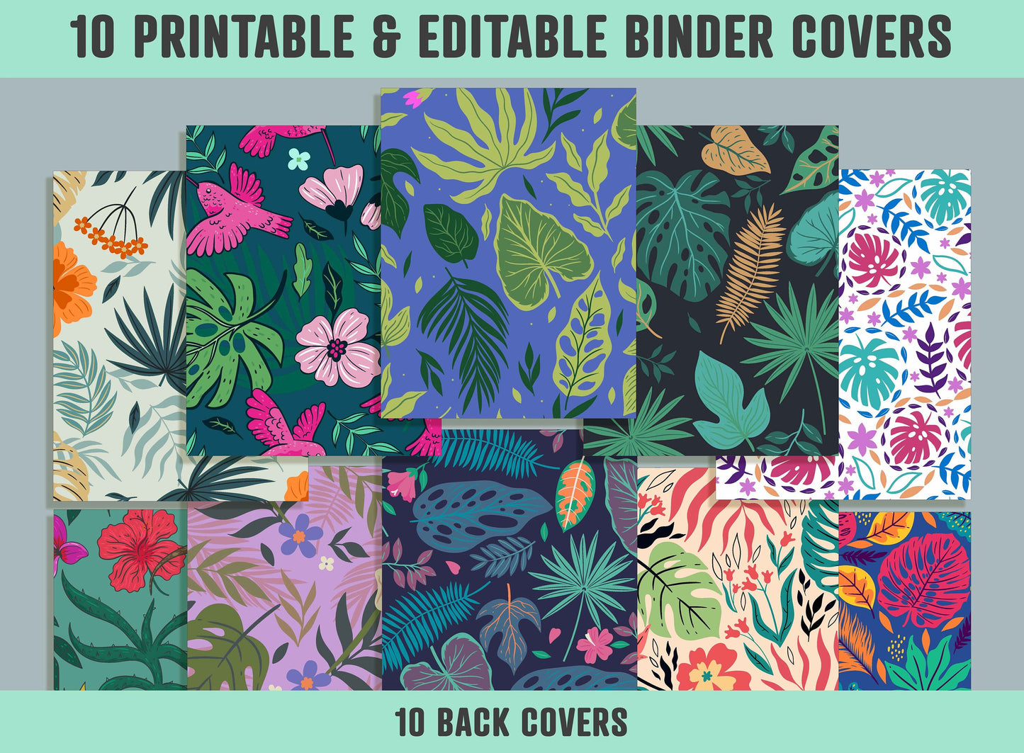 Tropical Leaves Binder Cover, 10 Printable/Editable Binder Covers + Spines, Leaf Planner Template, Teacher/School Binder Labels/Inserts