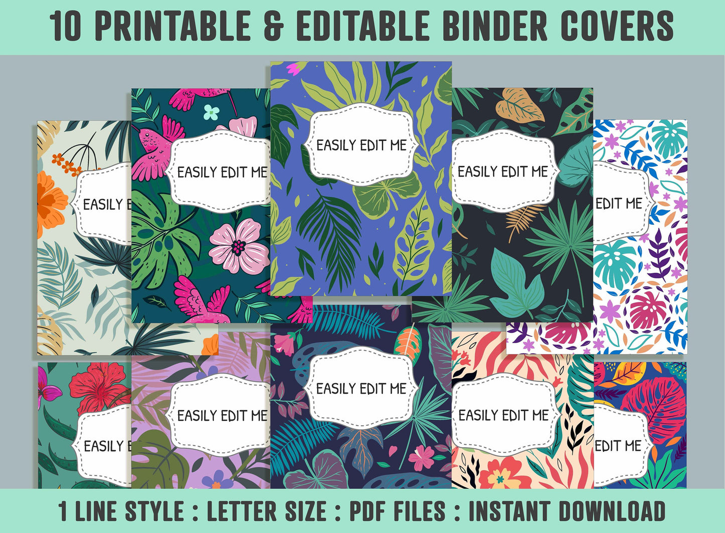 Tropical Leaves Binder Cover, 10 Printable/Editable Binder Covers + Spines, Leaf Planner Template, Teacher/School Binder Labels/Inserts