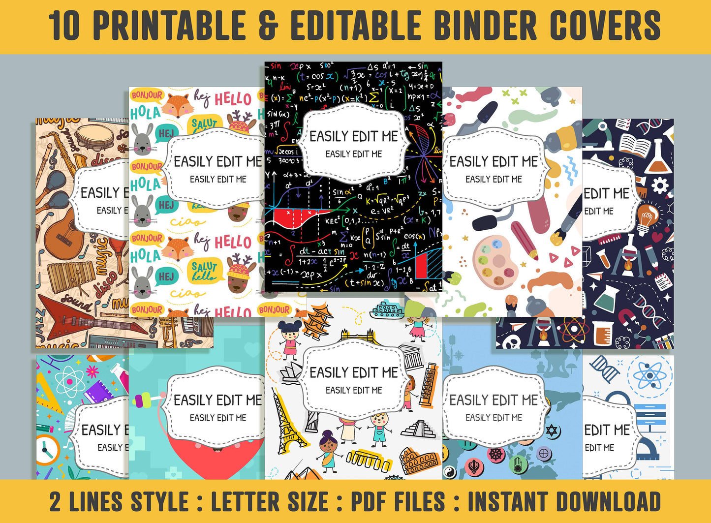 Subject Binder Covers, 10 Printable & Editable Binder Covers+Spines, Teacher/School Planner Template/Label/Insert, Subject Cover for Folder