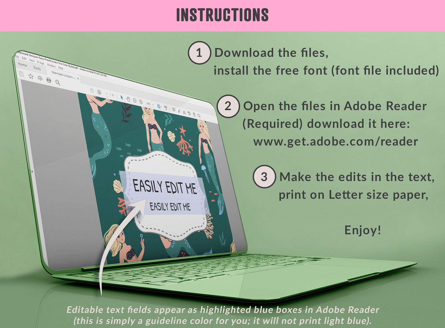 Mermaid Unicorn Fairy Binder Cover, 10 Printable/Editable Binder Covers + Spines, Planner Template, Teacher/School Binder Labels/Inserts