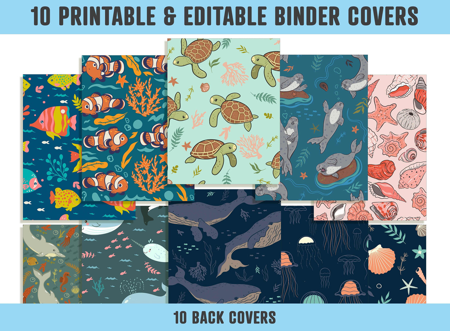Sea Life Pattern Binder Cover, 10 Printable/Editable Binder Covers+Spines, Ocean Life Planner Template, Teacher/School Binder Labels/Inserts