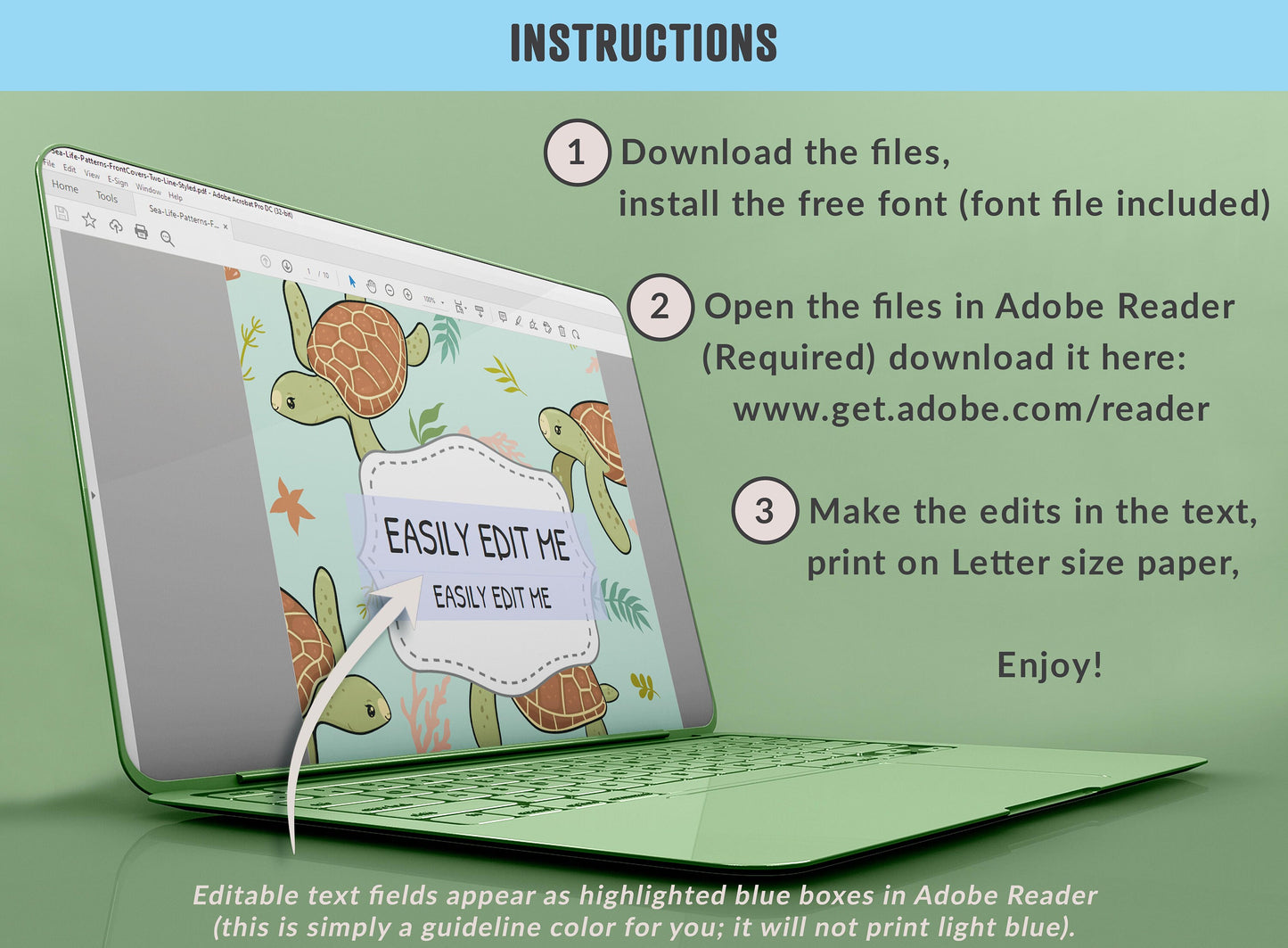 Sea Life Pattern Binder Cover, 10 Printable/Editable Binder Covers+Spines, Ocean Life Planner Template, Teacher/School Binder Labels/Inserts