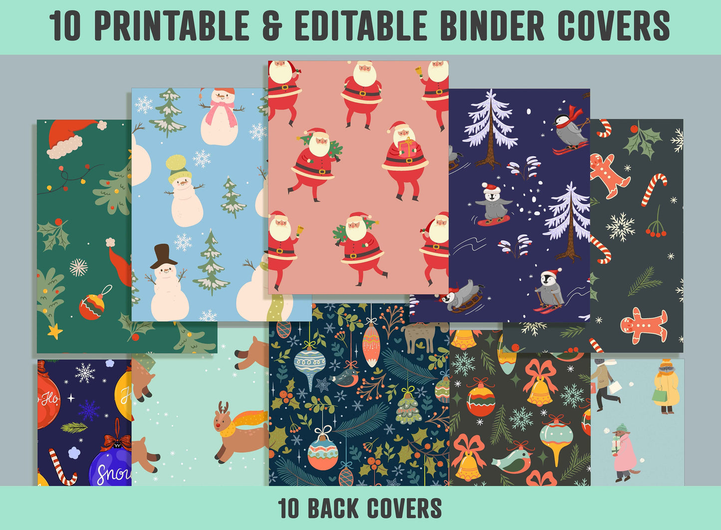 Santa Claus Christmas Winter Binder Cover, 10 Printable/Editable Binder Covers+Spines, Planner Template, Teacher/School Binder Label/Insert