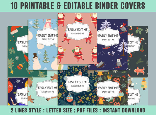 Santa Claus Christmas Winter Binder Cover, 10 Printable/Editable Binder Covers+Spines, Planner Template, Teacher/School Binder Label/Insert