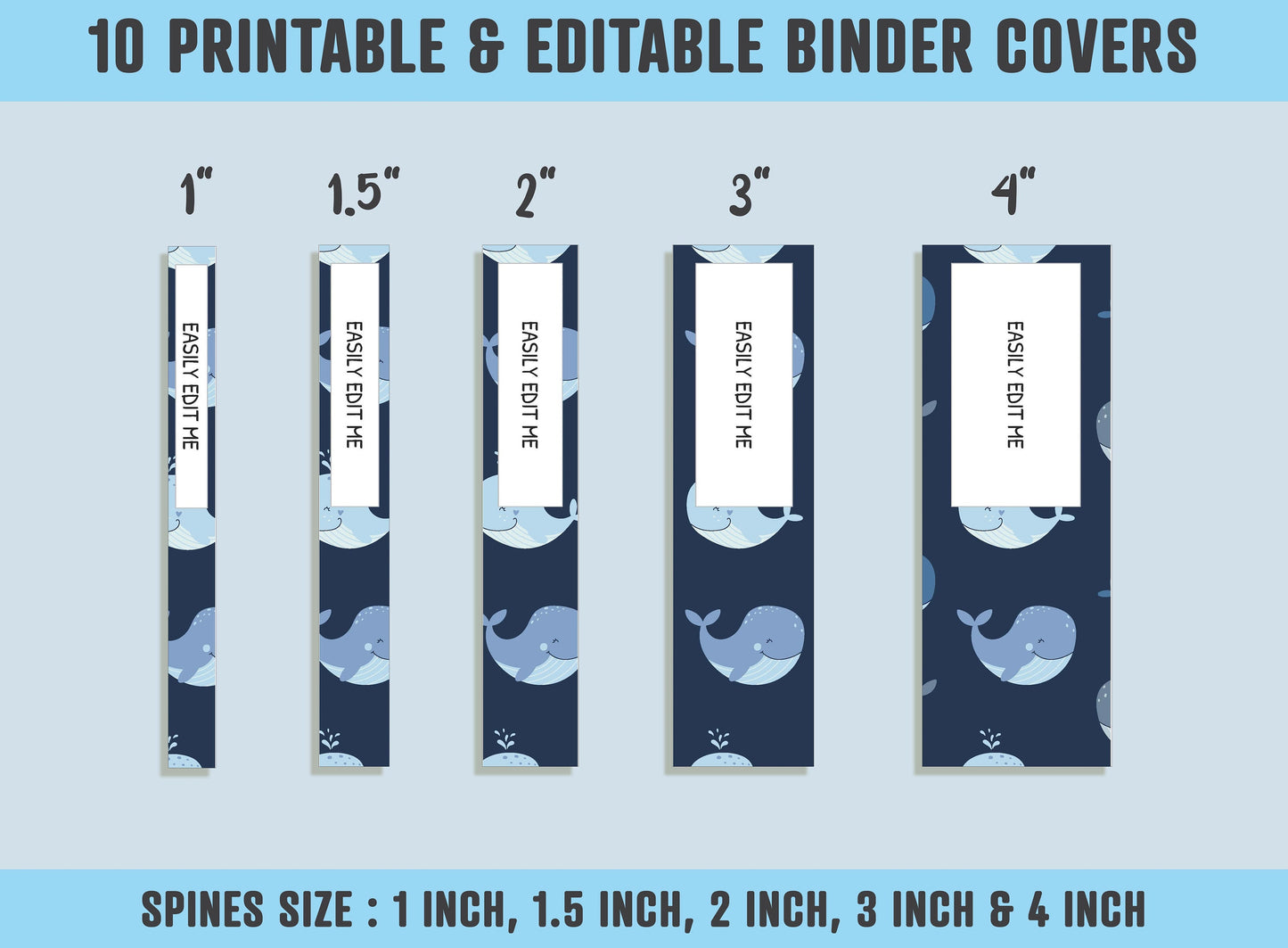 Whales and Waves Binder Cover, 10 Printable/Editable Binder Covers+Spines, Sea Life Planner Template, Teacher/School Binder Label/Insert