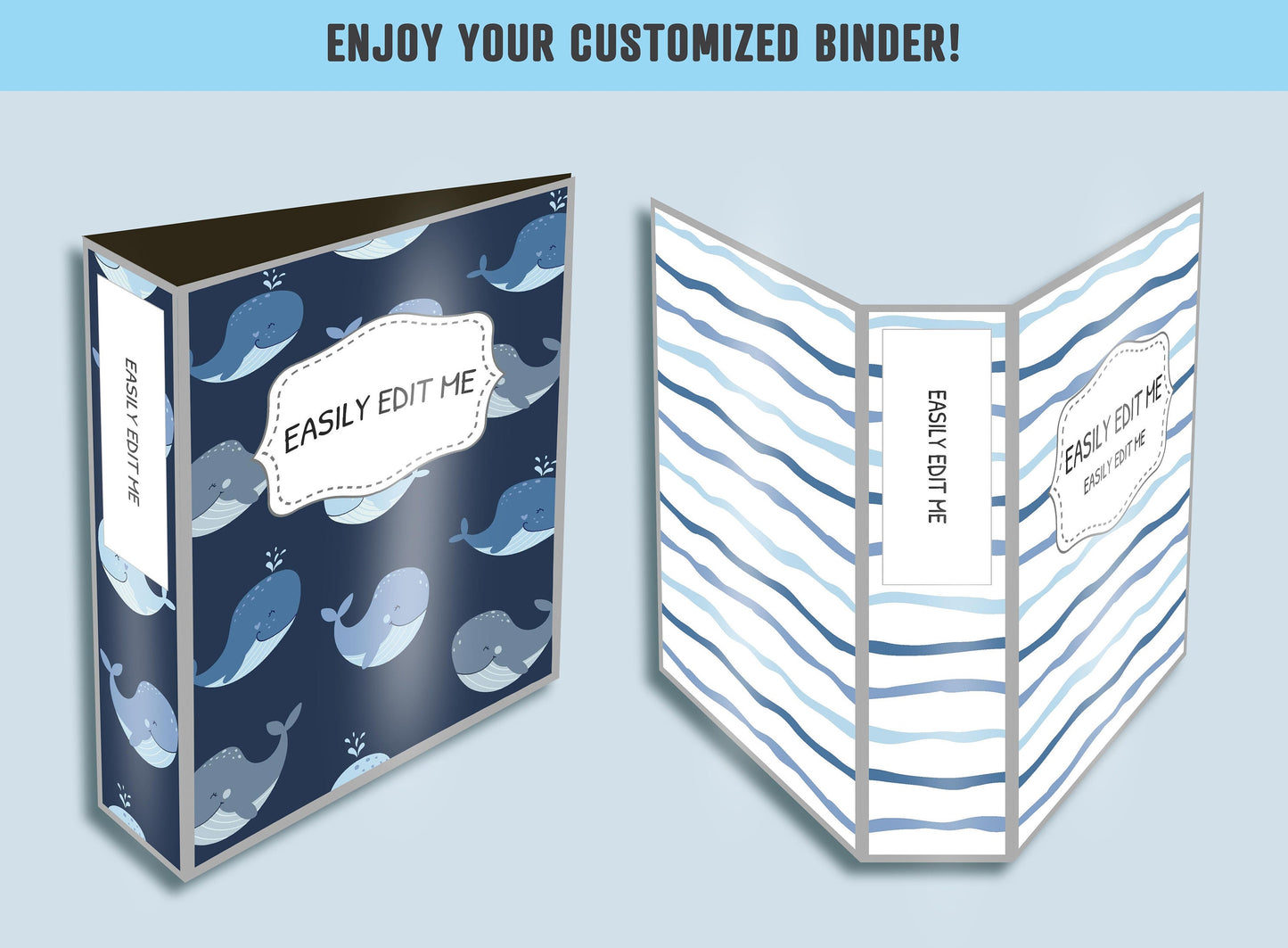 Whales and Waves Binder Cover, 10 Printable/Editable Binder Covers+Spines, Sea Life Planner Template, Teacher/School Binder Label/Insert