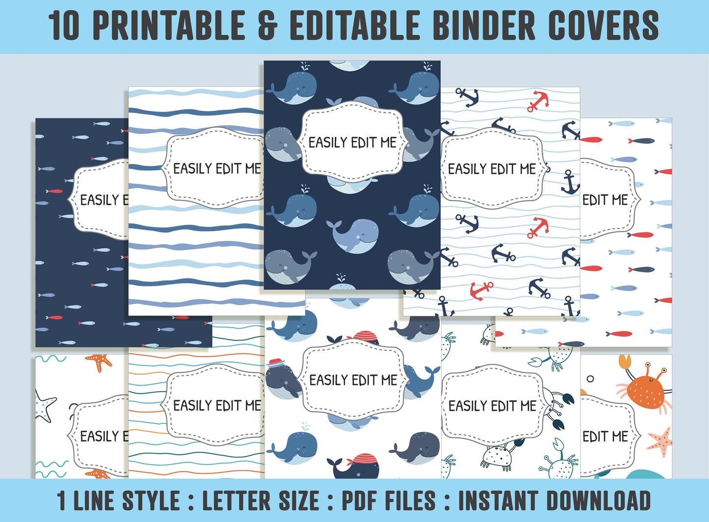 Whales and Waves Binder Cover, 10 Printable/Editable Binder Covers+Spines, Sea Life Planner Template, Teacher/School Binder Label/Insert