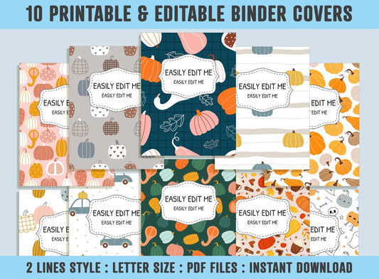 Pumpkins Binder Cover, 10 Printable/Editable Binder Covers+Spines, Halloween Pumpkin Planner Template, Teacher/School Binder Label/Insert