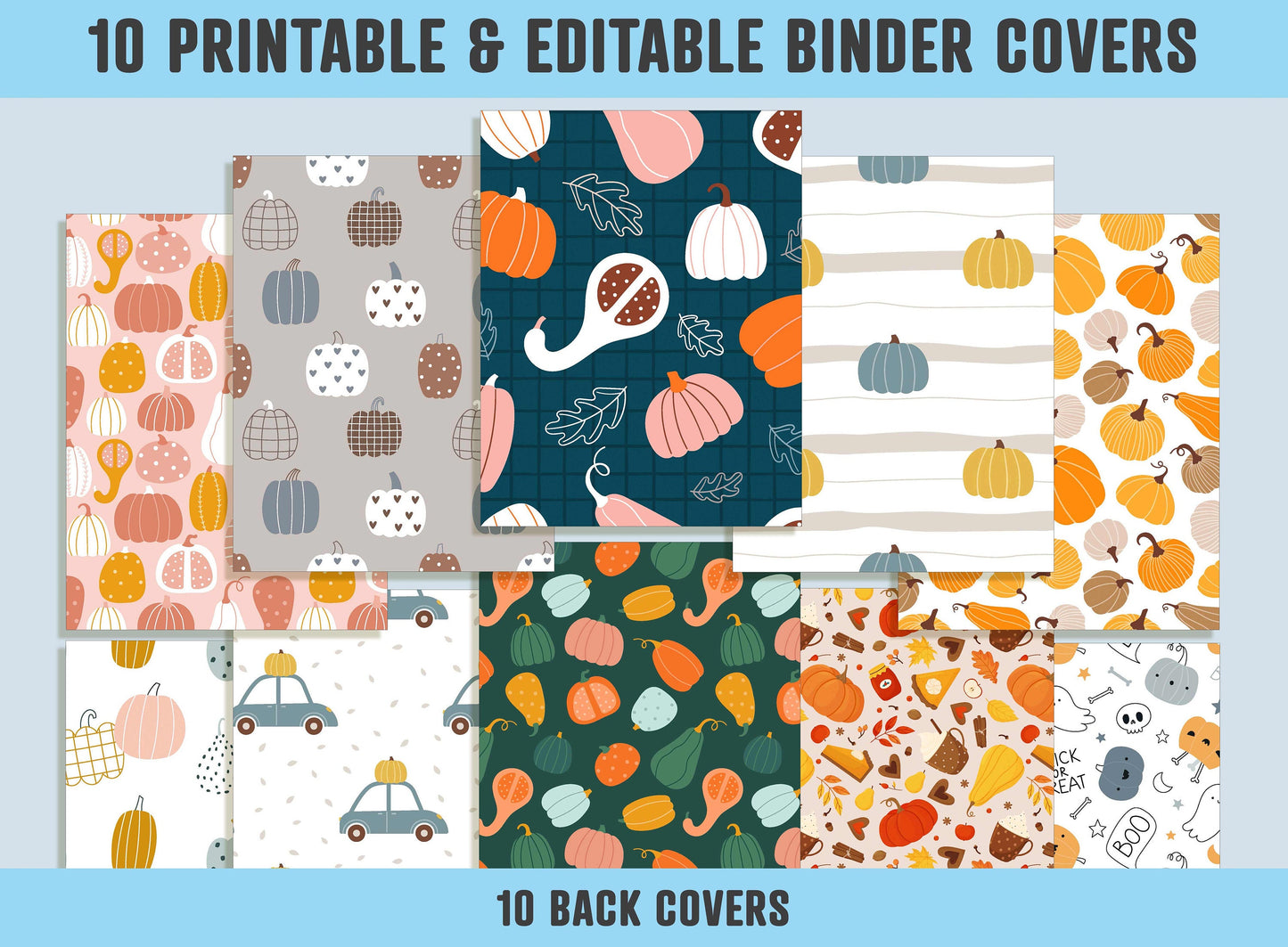 Pumpkins Binder Cover, 10 Printable/Editable Binder Covers+Spines, Halloween Pumpkin Planner Template, Teacher/School Binder Label/Insert
