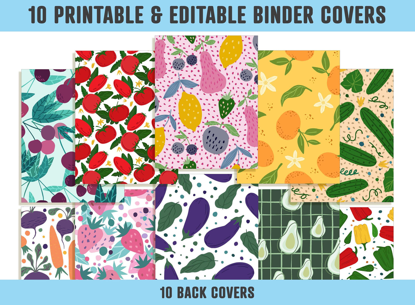 Fruits and Vegetables Binder Cover, 10 Printable Editable Covers+Spines, Binder Insert, Planner Cover, Teacher Binder, School Binder Covers