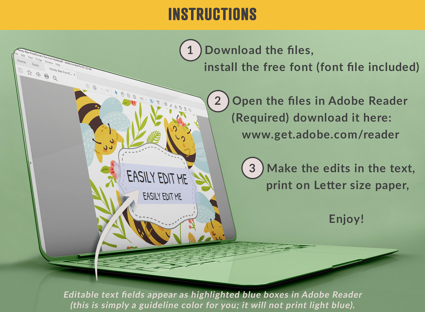 Honey Bee Binder Cover, 10 Printable & Editable Binder Covers + Spines, Bee Planner Covers, Teacher/School Binder Labels, Folder Inserts